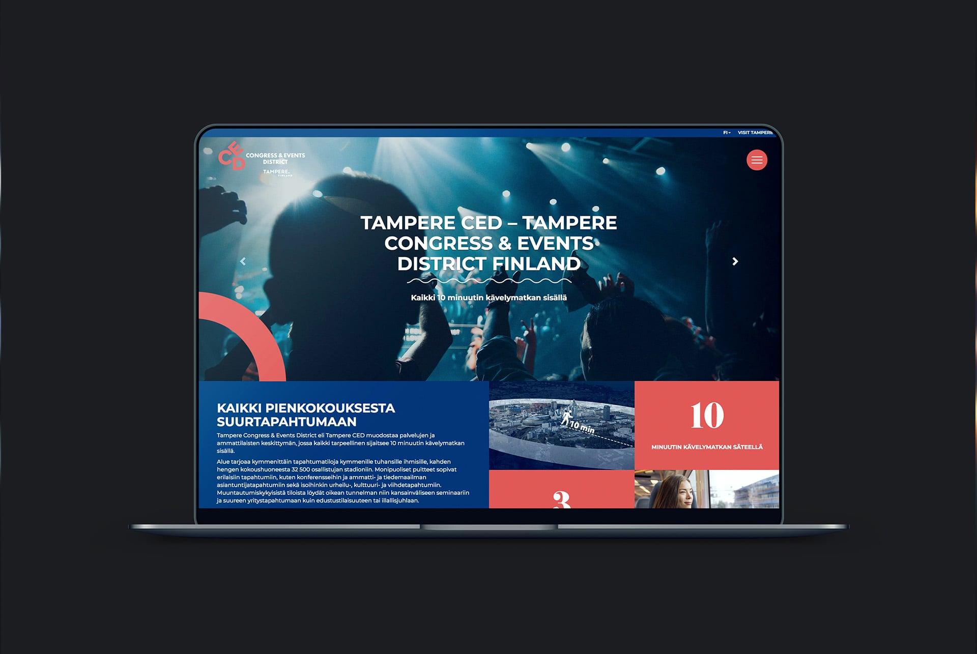 Tampereen Congress & Events Districtin verkkosivut tietokoneen näytöllä.