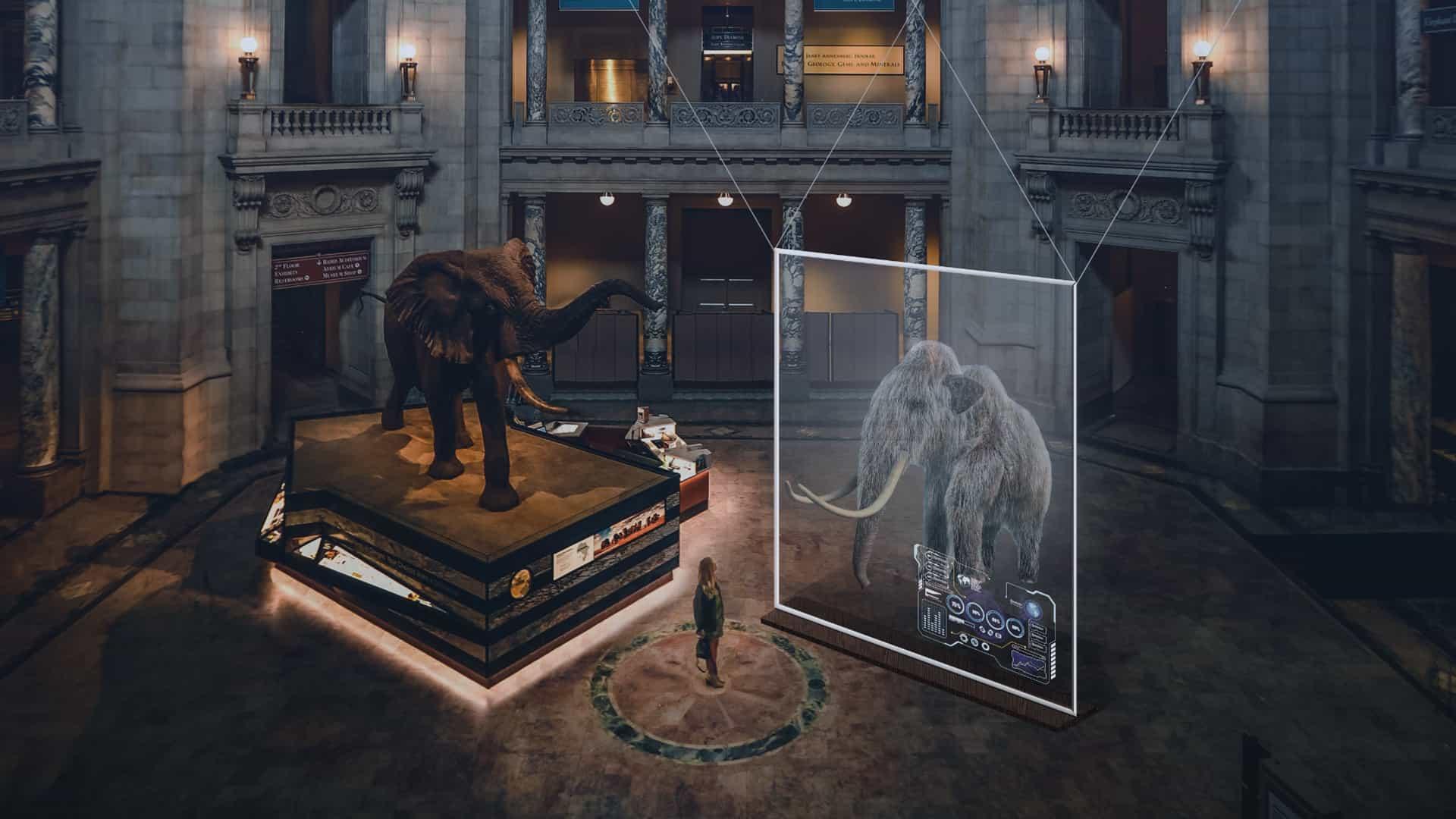 Futuristisessa museossa elefantti jalustan päällä ja älypeili, jossa on mammutin kuva.