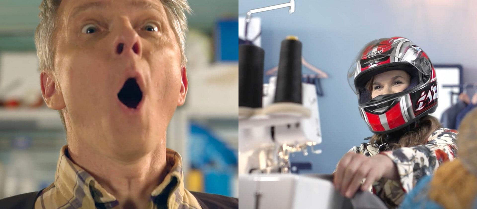 Kaksi ruutukaappausta mainosvideosta: ihminen suu auki ja toinen moottoripyöräkypärä päässään.