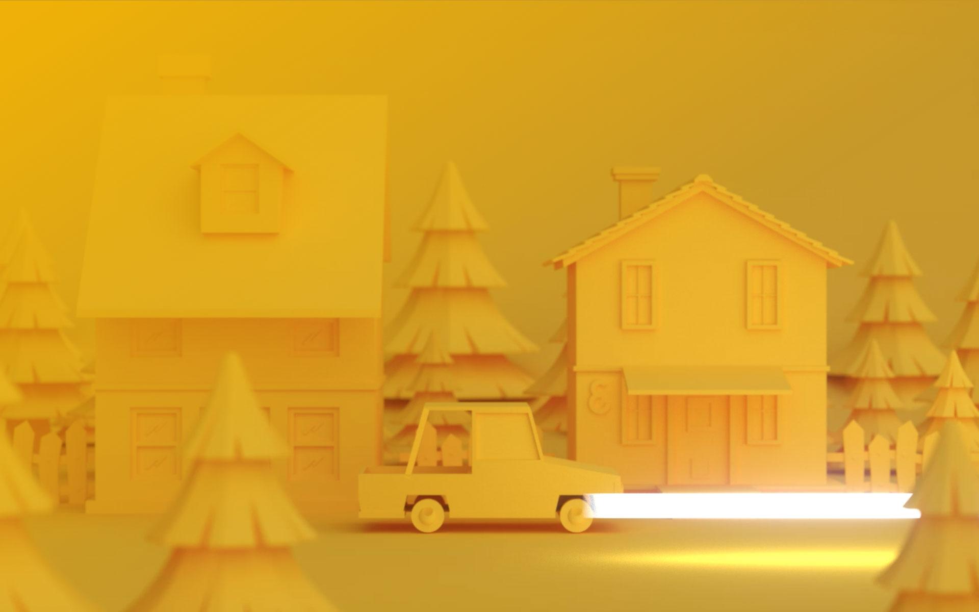 Muovisia keltaisia taloja, puita ja auto